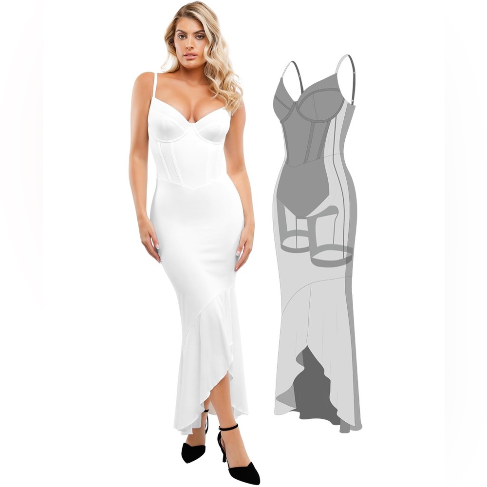 Popilush White Corset Dress Built In Shapewear - V Neck, High-Low